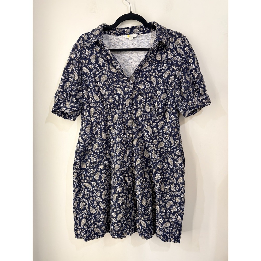 Boden Paisley Shirt Dress US 12R Navy Puff Sleeve Pockets 100% Cotton